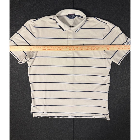 Ralph Lauren Polo Golf Mens XL Beige Navy Stripe Performance Polo Shirt Tip Top - Picture 7 of 10